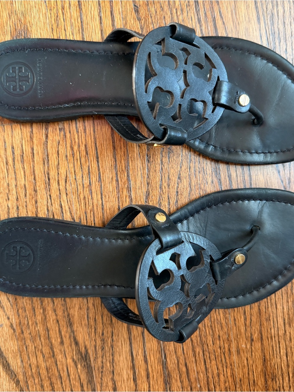 Tory Burch Black Leather Logo Toe-Post Sandals